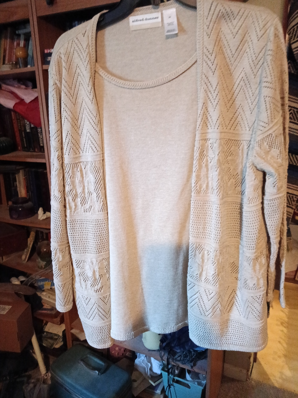 Alfred Dunner Beige Open-Weave Knit Cardigan